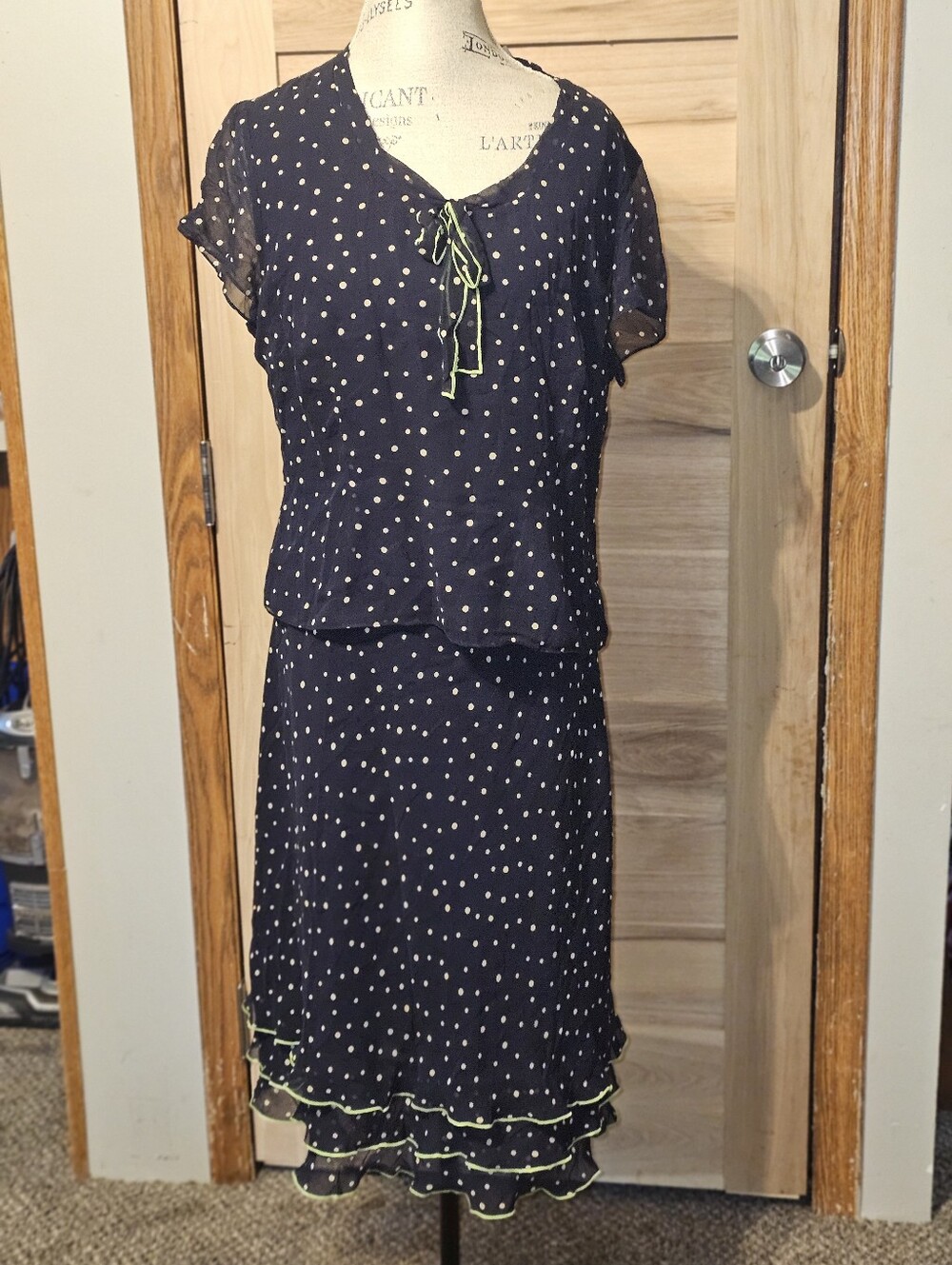 Coldwater Creek Navy and White Polka Dot Midi Skirt Set with Lime Trim